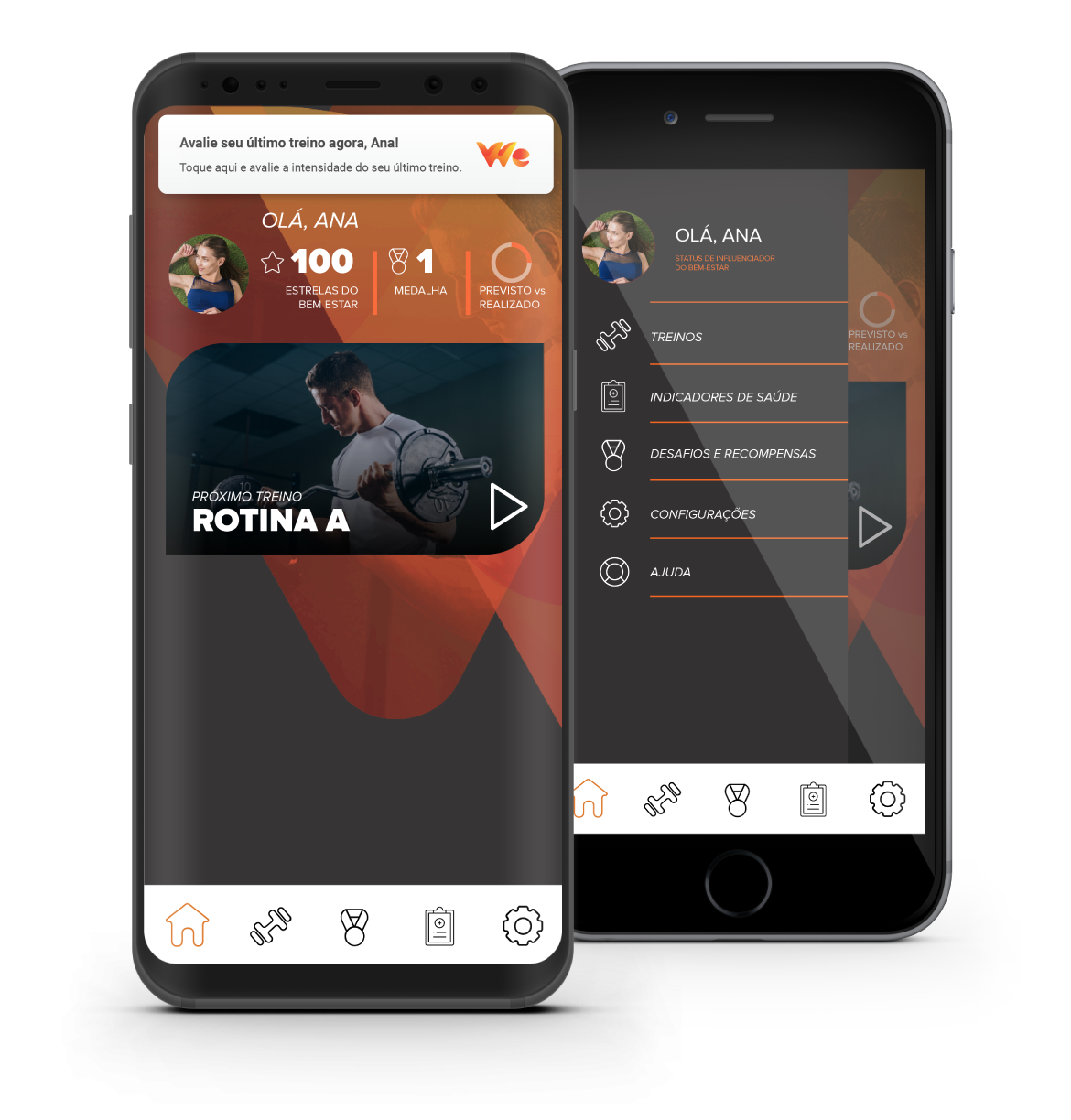 celulares com telas do app treino We Care.Fitness